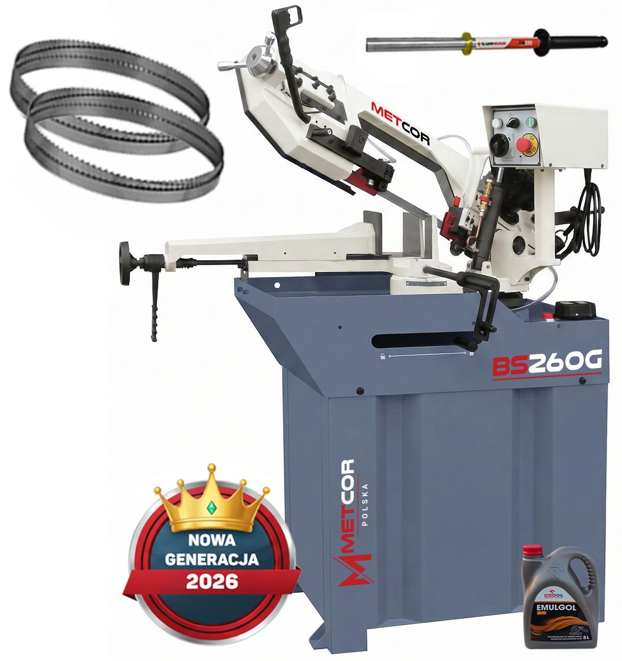 Przecinarka taśmowa METCOR BS260G Premium + 2 piły + 1L chłodziwa + magnetyczny zbieracz wiórów GRATIS